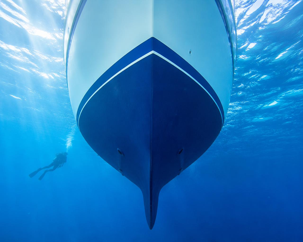 Yacht hull bottom clean after a professional dive cleaning